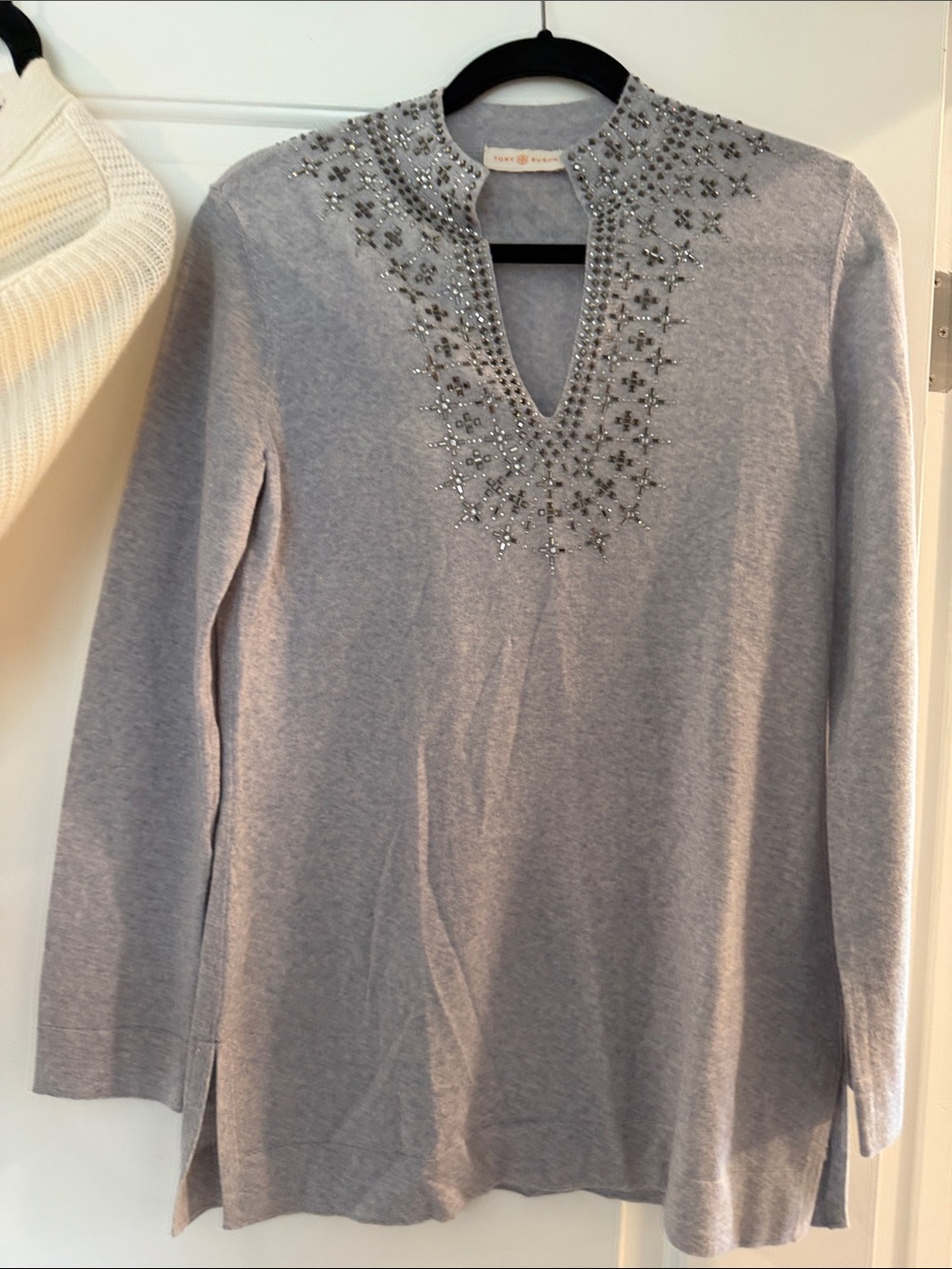 Tory Burch Heather Gray Embellished V-Notch Tunic